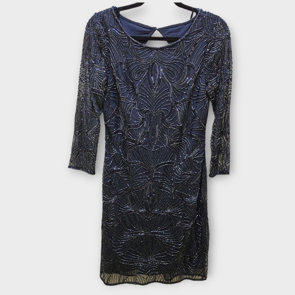 Adrianna Papell Cocktail Dress Silver‎ Beaded Party Dress US 6 Navy Blue